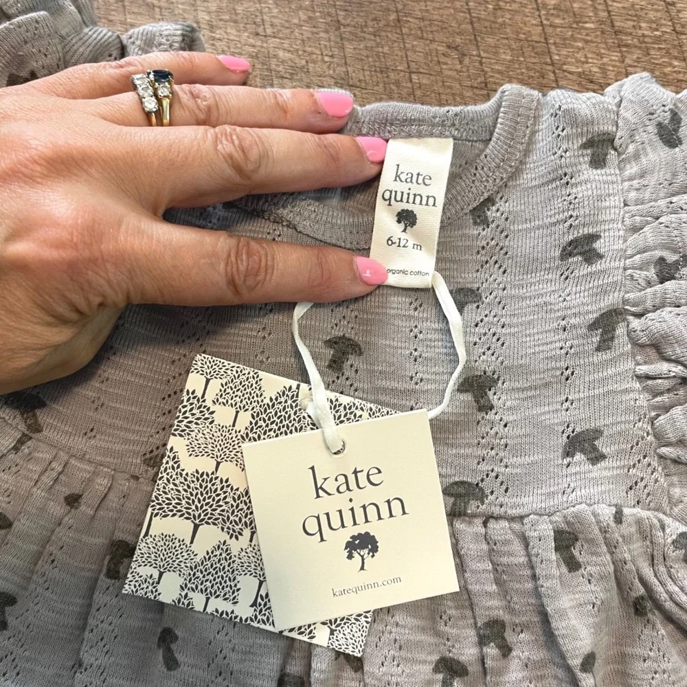 Kate Quinn‎ Mushroom Pointelle Dress Baby 6-12M Grey Cottagecore Ruffle Flutter